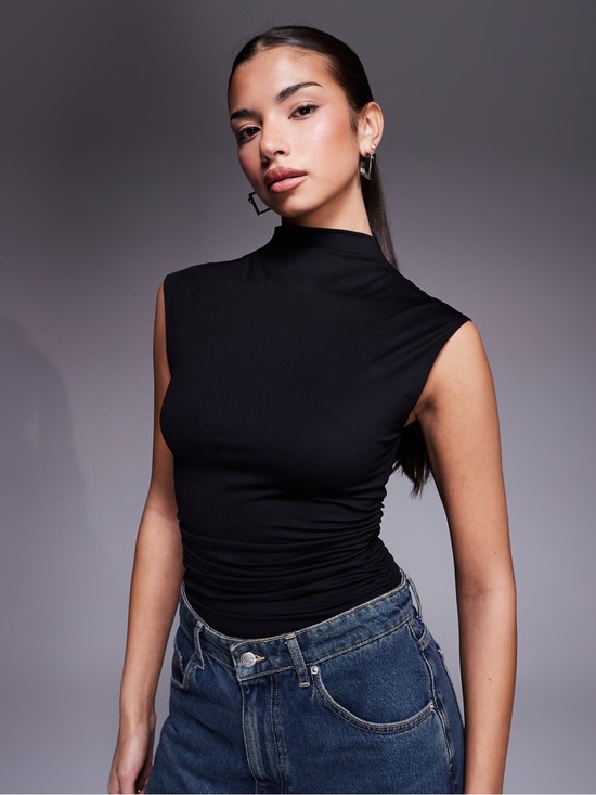 Tops - Good American Black Soft Weightless Mock High Neck Ruched Thong Snap Bodysuit XS